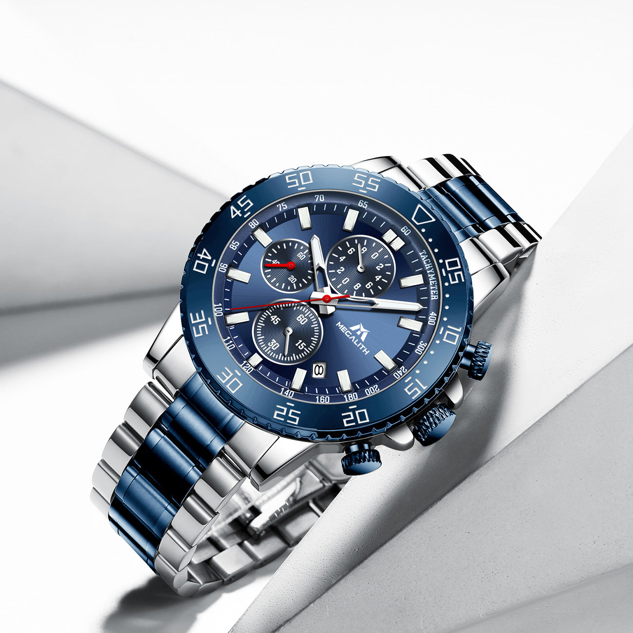 MEGALITH Mens Watches Men Chronograph Blue Large Face Designer