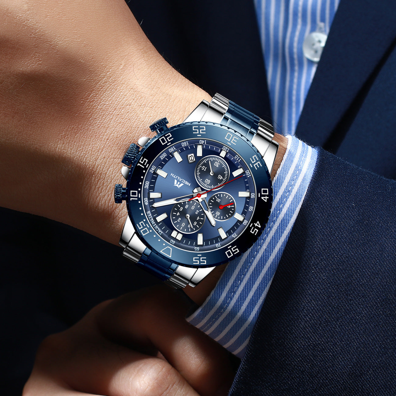 MEGALITH Mens Watches Men Chronograph Blue Large Face Designer