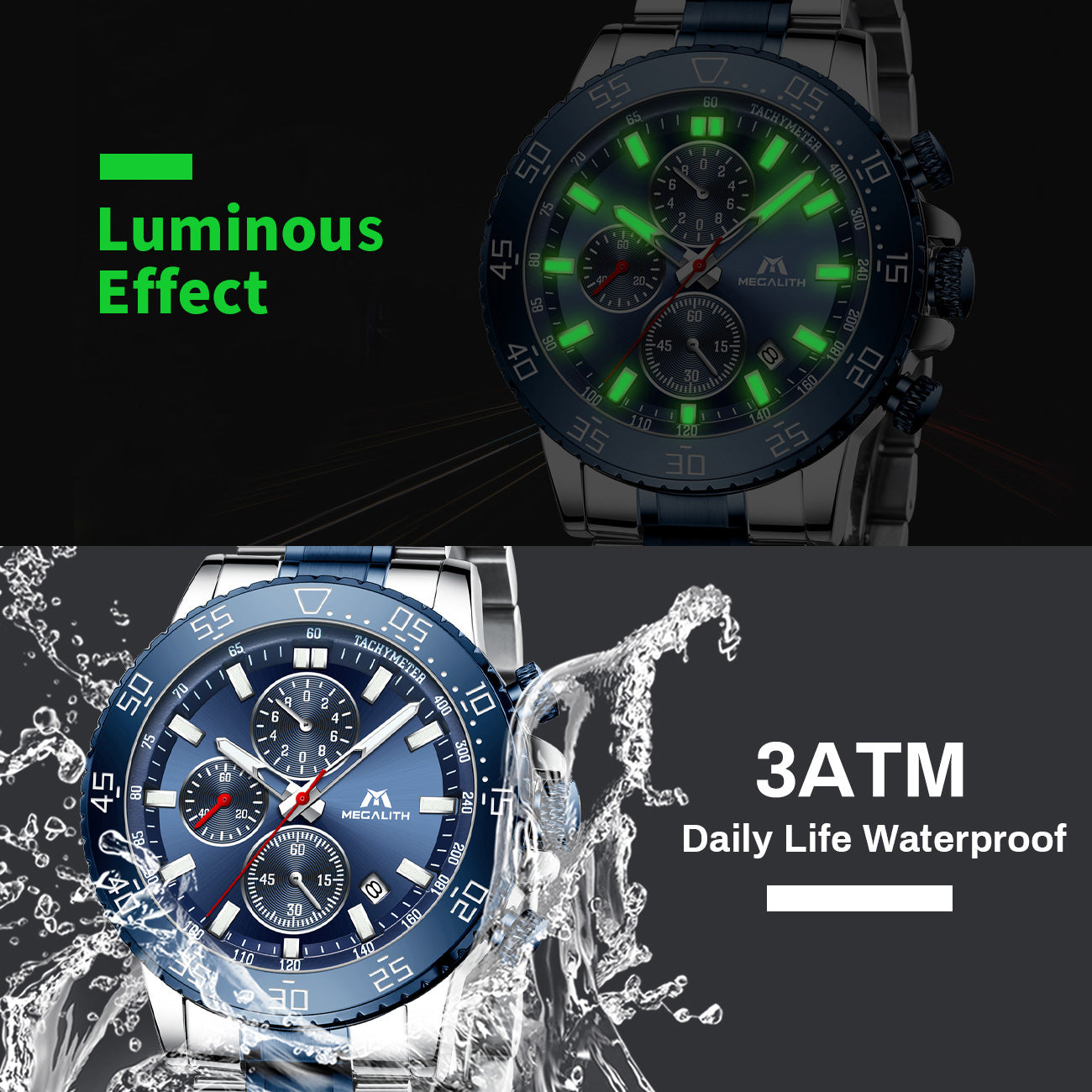 MEGALITH Mens Watches Men Chronograph Blue Large Face Designer Dress Waterproof Stainless Steel Wrist Watch Fashion Business Calendar Watches for Man
