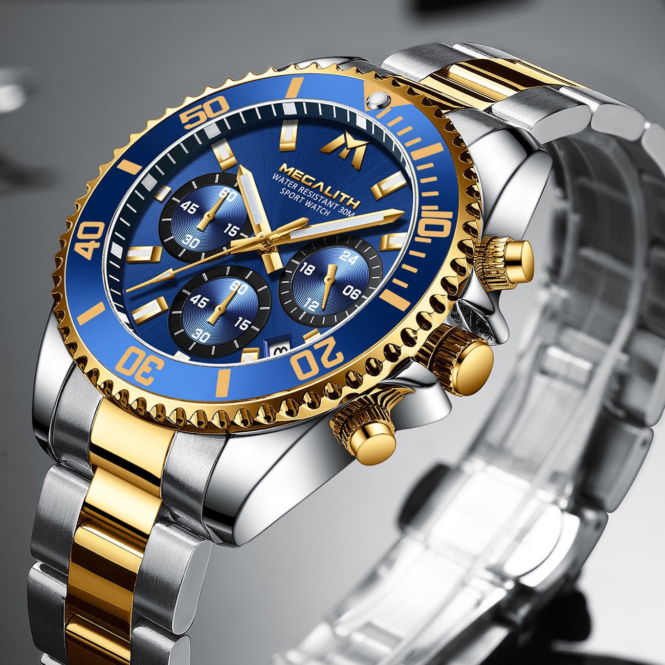 MEGALITH Mens Watches Men Designer Chronograph Blue Gold Waterproof Luminous Stainless Steel Wrist Watch Military Large Date Analogue Watches for Men