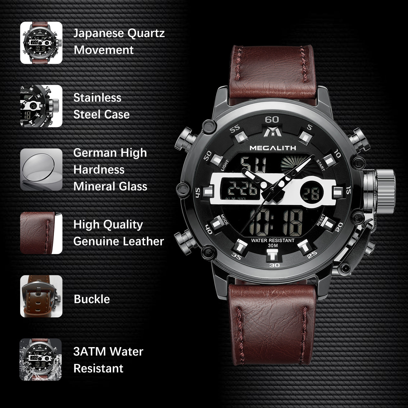 8051M Analog Digital Men Watch Leather Band megalith watch
