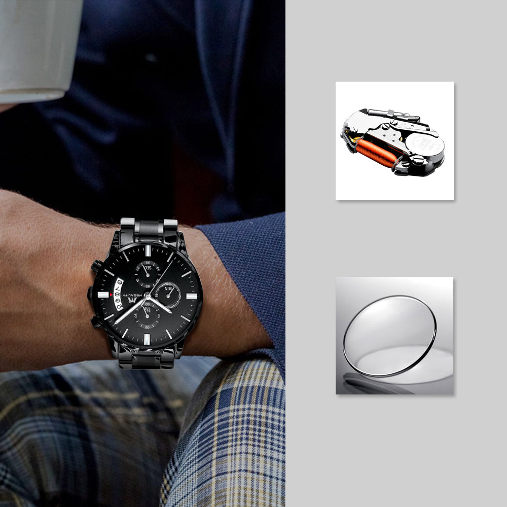 Montre Homme Montre Militaire Etanche Chronographe Sport Acier Inoxydable Noir de Design Montres Bracelets Date Grand Cadran Analogique