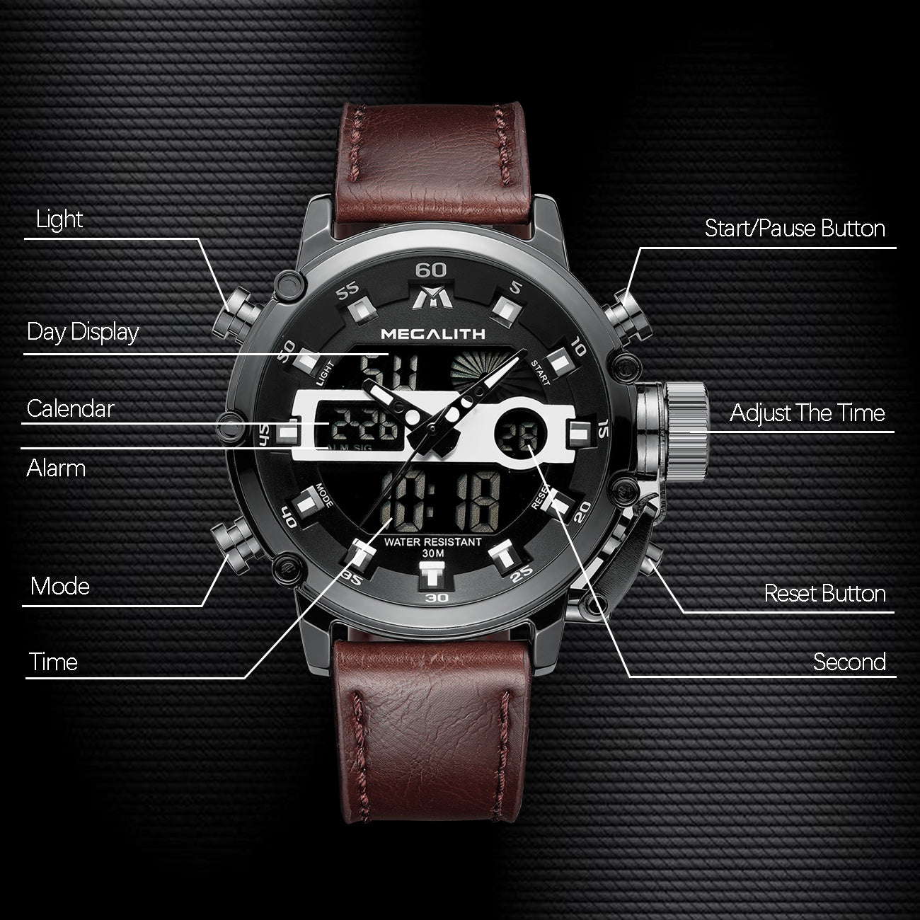 8051M Analog Digital Men Watch Leather Band megalith watch