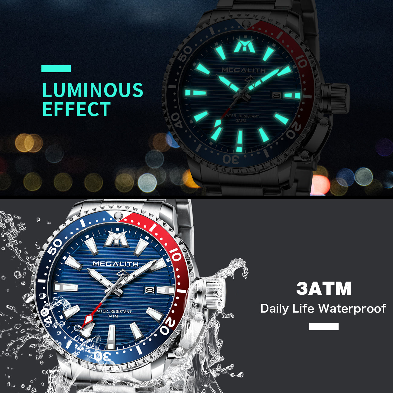 MEGALITH Mens Watches Men Designer Luminous Waterproof Stainless Steel Wrist Watch Big Face Date Calendar Business Fashion Casual Dress Analogue Watches for Man